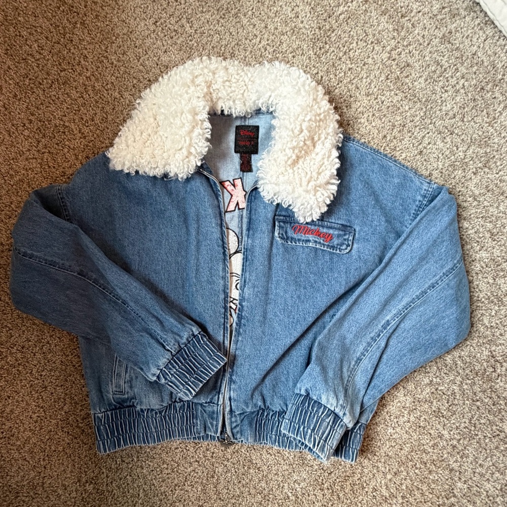 Disney women’s Light Blue Denim Jacket with White Sherpa Collar